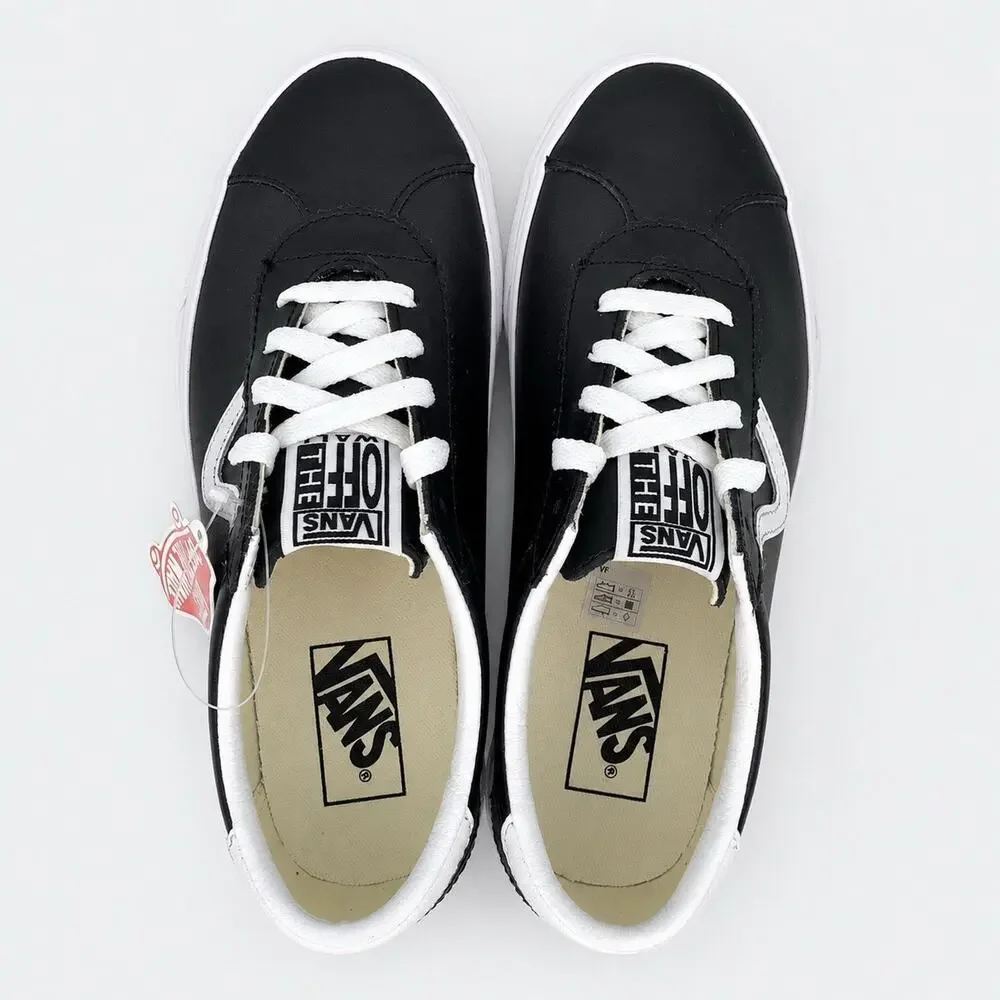 Vans Sport Leather Sneakers Women’s 8 Men’s 6.5 Black White Flying V NWOB
